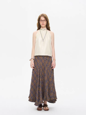 local tag/It25ssk58/路边咖啡馆卡其色格纹裙