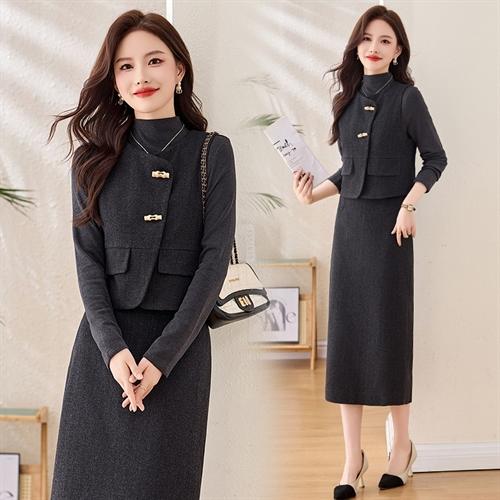 HR MEIQIN5502都市风马甲套装时尚修身法式洋气减龄半身裙三件套 商品图1