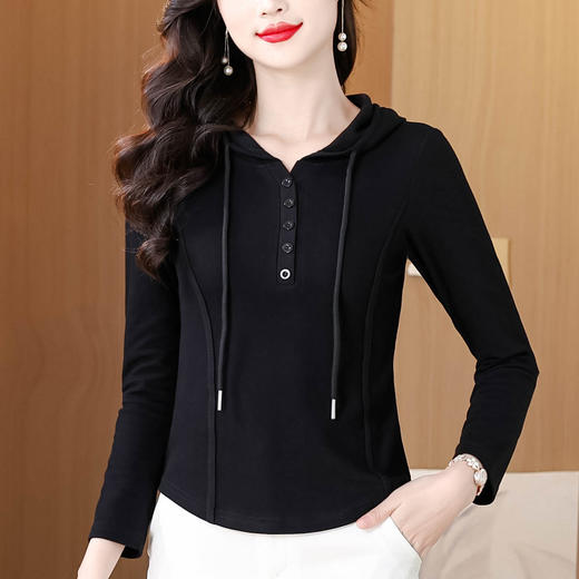 KQL 355H8300连帽正肩长袖T恤修身显瘦休闲上衣 商品图1