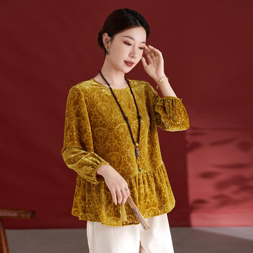 QS真丝丝绒女上衣年轻减龄款国风拼接印花长袖圆领款女上衣T恤1307 商品图2