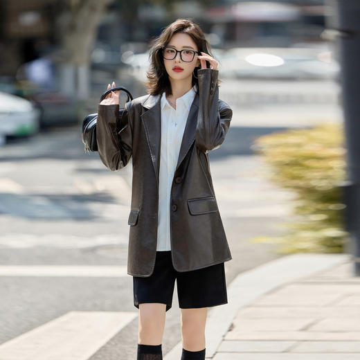 HR GSTX8075皮衣西装外套复古气质休闲时尚宽松pu皮夹克上衣 商品图1