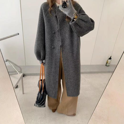 【YW】无忧购新中式圆领盘扣灯笼袖双面羊毛中长款大衣8011 商品图6
