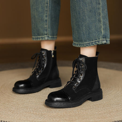 阿么手工女鞋高级感复古拼接马丁靴4.5CM不累脚显瘦小众百搭短靴 商品图1