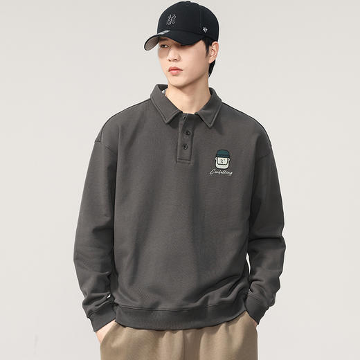 【100%棉】【DQ】大依优型大码男装360G纯棉长袖polo衫简约宽松百搭印花上衣 商品图2