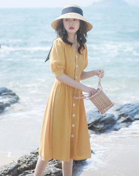 OLrain欧芮儿夏日度假风黄色连衣裙显瘦收腰设计