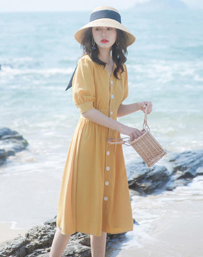 OLrain欧芮儿夏日度假风黄色连衣裙显瘦收腰设计 商品图0