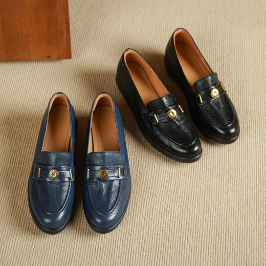 【预售5天】轻软！平底坡跟小皮鞋女春秋新款英伦黑色休闲厚底单鞋羊皮乐福鞋DTN&583-19 商品图4