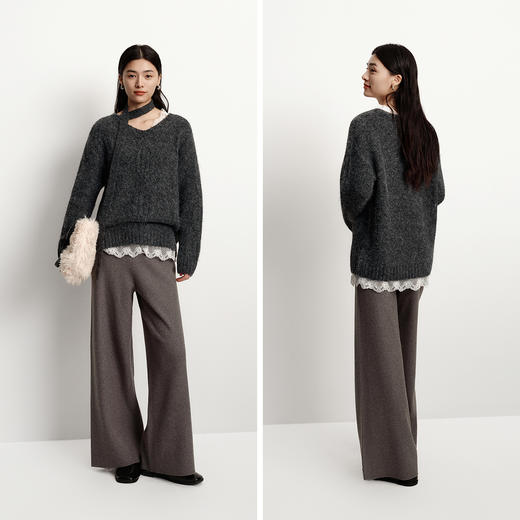 森马毛衣女冬围巾蕾丝V领绞花宽松2025新款慵懒优雅小性感套头衫 商品图4