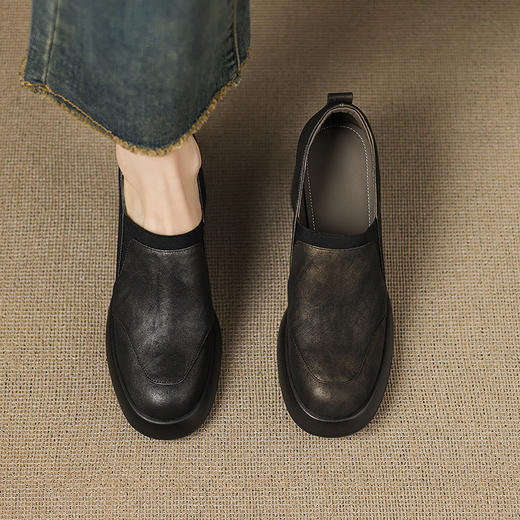 OLD A1356法式深口单鞋厚底圆头高跟鞋粗跟真皮软底乐福鞋 商品图2