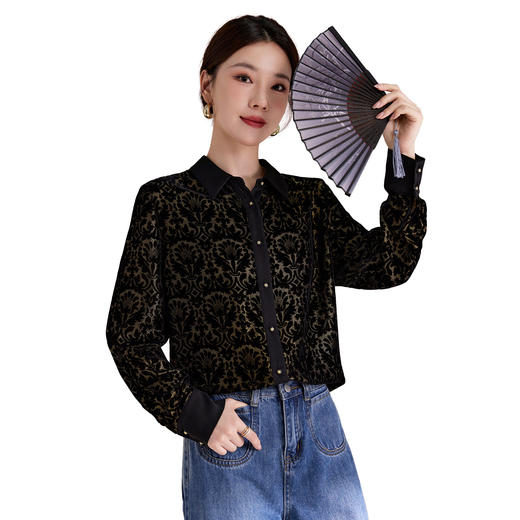 QS2025真丝烧花丝绒衬衫上衣女高级感轻奢时尚阳气宽松减龄长袖1857 商品图4