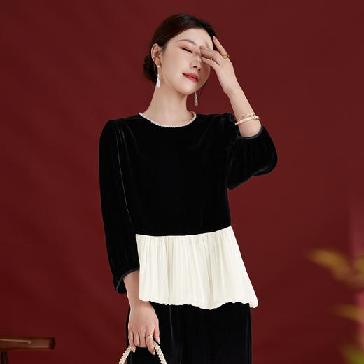 QS原创秋季女士时尚百搭真丝丝绒圆领下摆拼接长袖上衣1381 商品图2