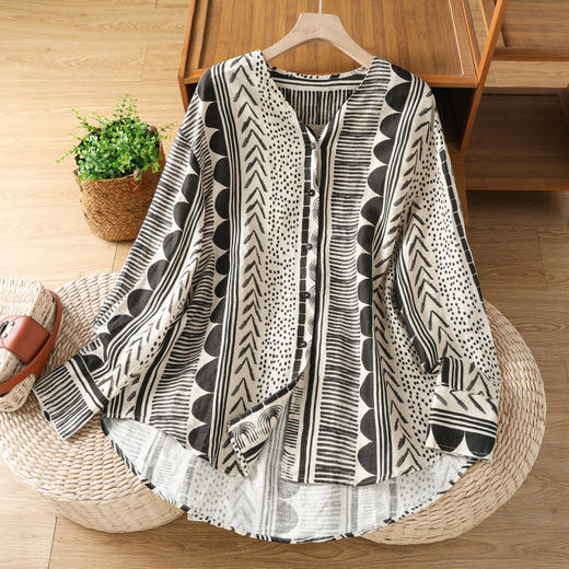 GYH 898印花v领长袖衬衫宽松显瘦通勤上衣 商品图0