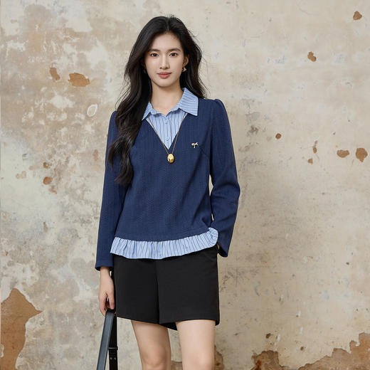 奢姿大码女装2025秋季新款胖妹妹时尚条纹拼接气质翻领假两件上衣9953253604 商品图4