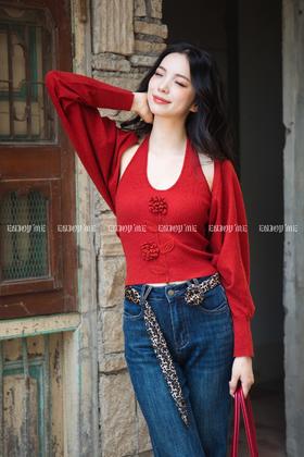 【门店同款】ENJOY秋季“光阴序语”复古玫瑰挂脖针织两件套 164843119