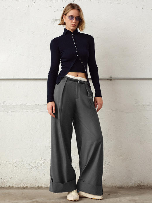 TR她热 都市丽人 灰白撞色拼接翻边通勤百搭西装阔腿裤 商品图0