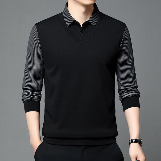 【男士polo衫长袖】高端商务休闲男装假两件翻领条纹T恤上衣 商品图3
