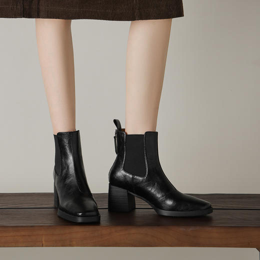 阿么手工女鞋气质高跟切尔西靴秋冬新款简约百搭方头真皮短靴5CM 商品图2