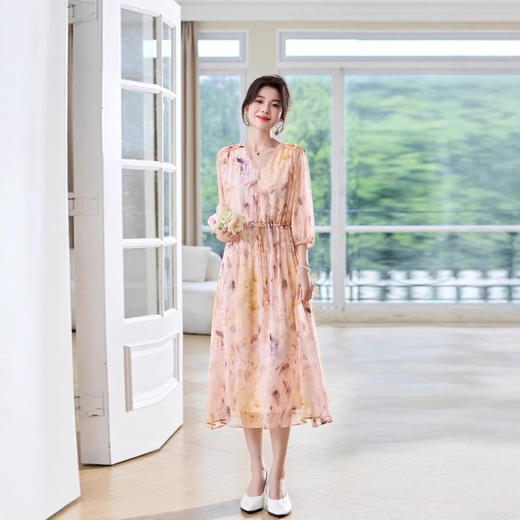 ASE优雅新款桑蚕丝连衣裙粉色法式 商品图3