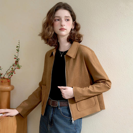 西遇美拉德复古翻领麂皮绒短外套女秋季气质正肩拉链夹克上衣V3155133 商品图3