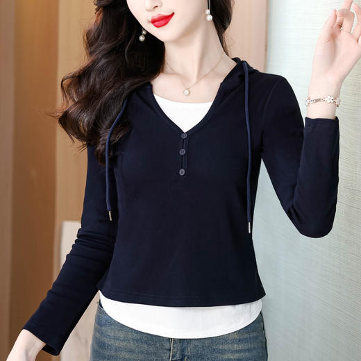 KQL 355H8302连帽假两件长袖T恤拼接洋气显瘦上衣 商品图1