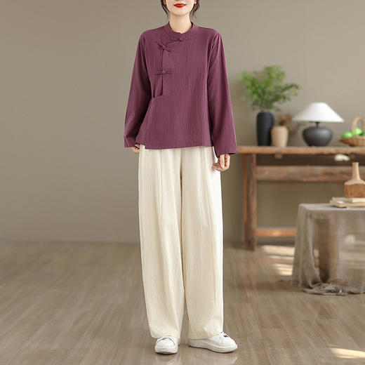 2025秋季新款复古民族风改良纯色文艺禅意茶服宽松长袖盘扣套装女 商品图3