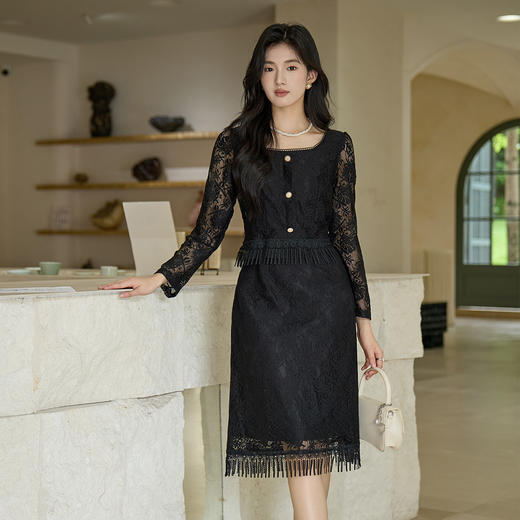 奢姿大码女装2025秋季名媛气质假两件流苏裙子胖妹妹蕾丝连衣裙9953853575 商品图0