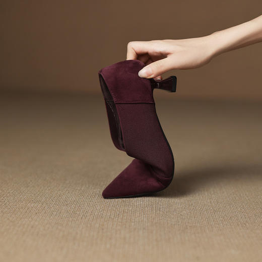 【预售5天】秋季新款5cm复古优雅尖头拼接松紧V口一脚蹬粗跟气质通勤高跟单鞋JLY&18-751 商品图2