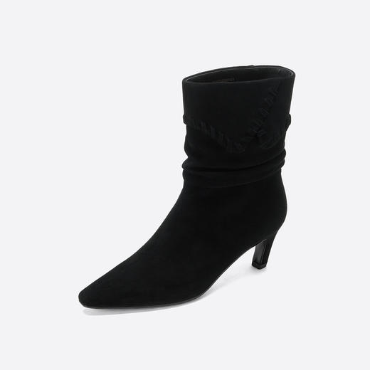 Westory2025年冬季羊皮小方头中跟堆褶中筒靴宽筒小短靴W25DS85601 商品图8