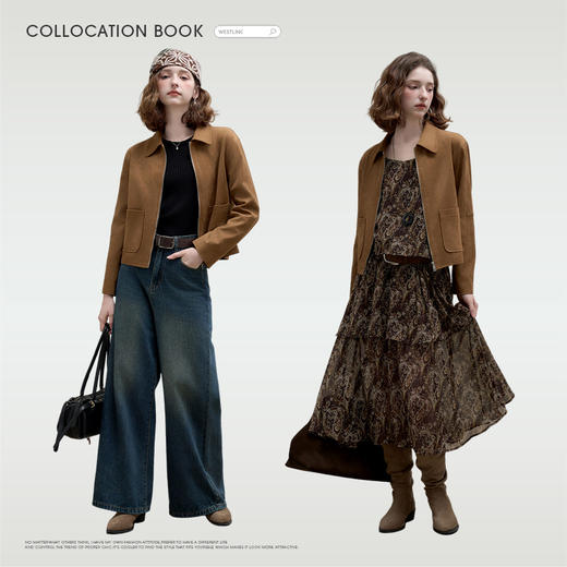 西遇美拉德复古翻领麂皮绒短外套女秋季气质正肩拉链夹克上衣V3155133 商品图1