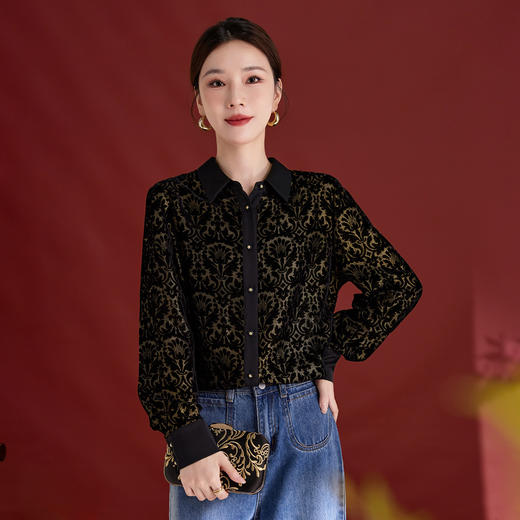 QS2025真丝烧花丝绒衬衫上衣女高级感轻奢时尚阳气宽松减龄长袖1857 商品图0