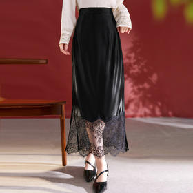 QS法式丝毛缎黑色蕾丝拼接半身裙女真丝秋季新款高腰显瘦a字裙1813