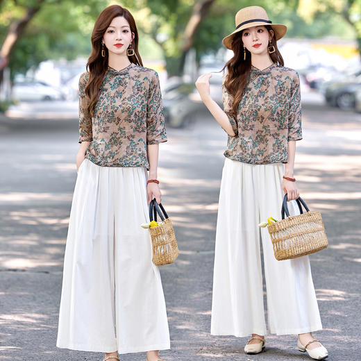 XS99923新中式印花套装女2025夏季新款复古盘扣文艺上衣阔腿裤两件套潮流 商品图1