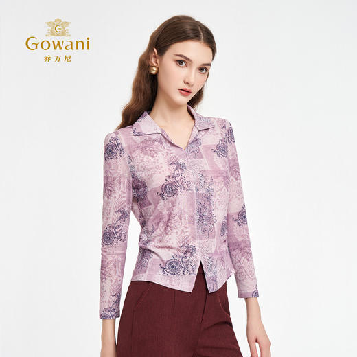 乔万尼秋季新品印花V领软糯亲肤修身显瘦衬衫上衣ED3C225 商品图1