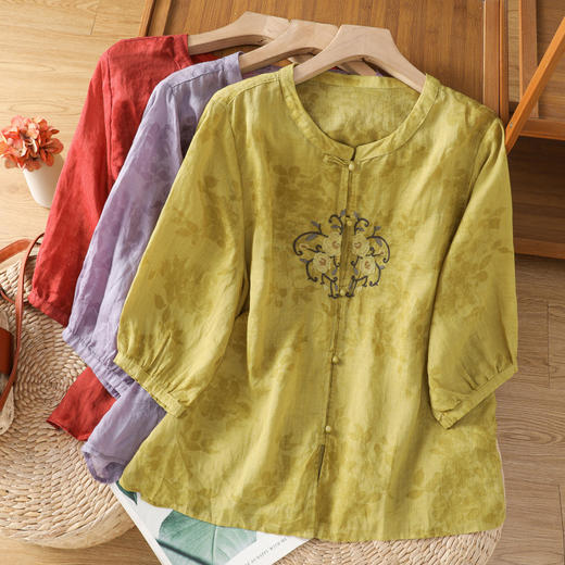 GYH B106-891休闲简约复古刺绣民族风不透肉暗纹印花中袖气质衬衣 商品图0