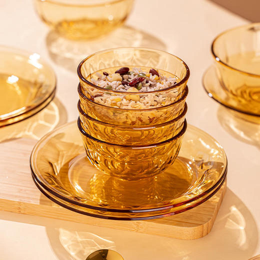 热卖！高颜值餐具8件套！高硼硅钻石琥珀/海棠碗盘套装 加厚玻璃 可进烤箱微波炉 商品图0