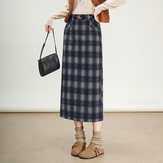 QYM 95837-Y格子直筒半身裙高腰开衩一步裙包臀裙 商品图0