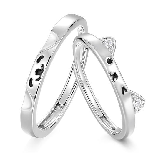 【999足银】 卡蒂罗KADER 萌趣猫狗贴贴 可爱猫耳闪锆生动立体软萌俏皮设计素圈开口可调节一对 可爱万岁恋爱频率 戒指 男女同款情侣款 商品图1