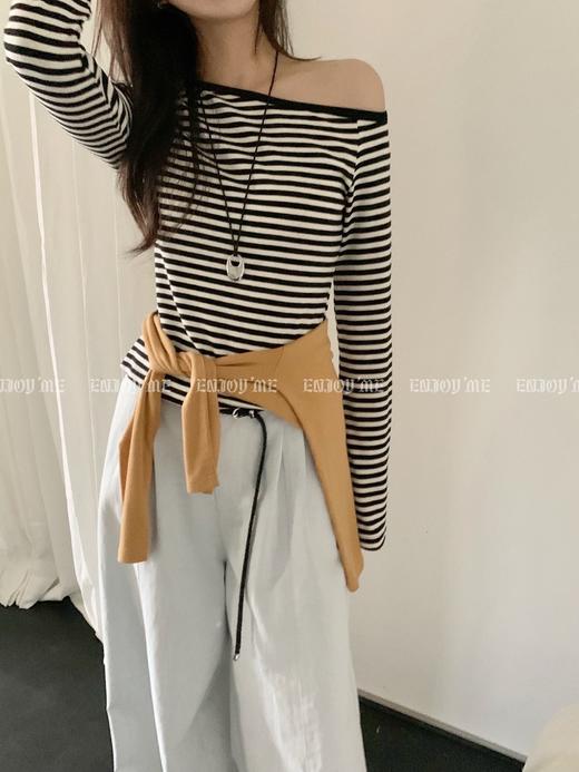 【门店同款】ENJOY秋季下摆不规则斜肩条纹T恤 164543749 商品图0