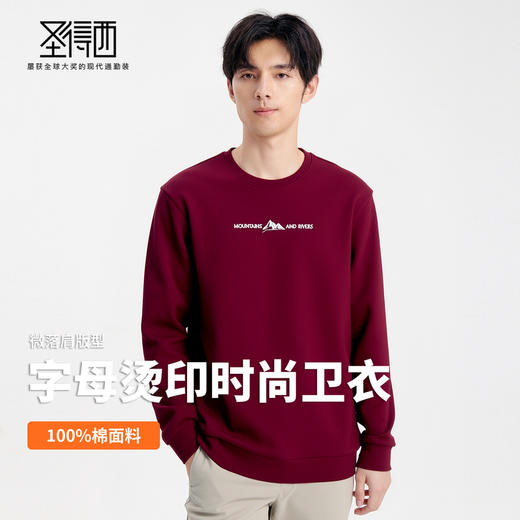 【100%棉】圣得西男圆领休闲卫衣2025秋季新款微落肩字母烫印上衣 商品图3