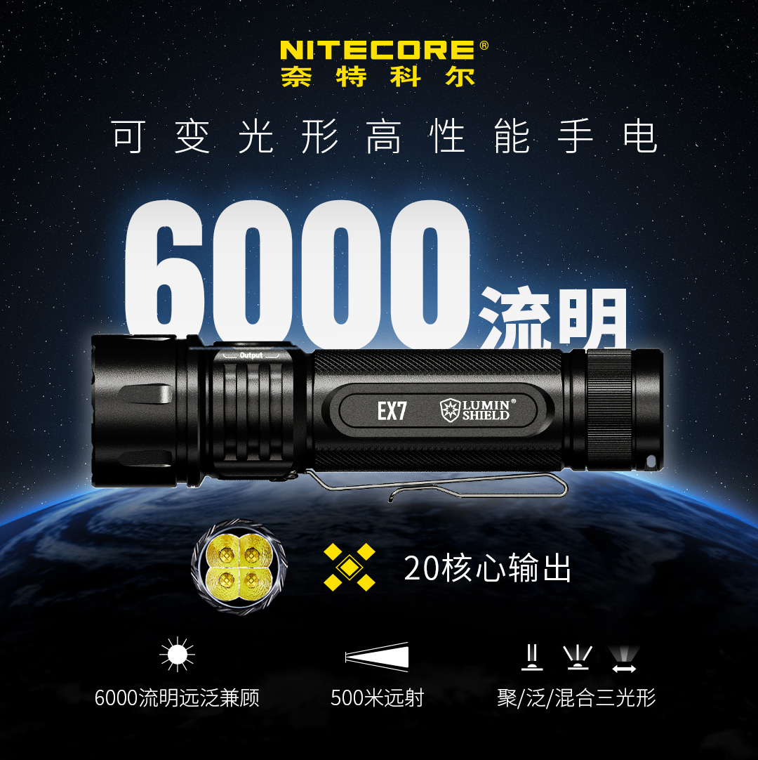 NITECORE奈特科尔 EX7户外远射手电6000流明盾搜索挡方位探索