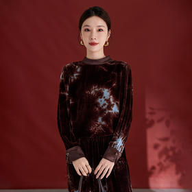 QS真丝丝绒拼接扎染上衣女100%桑蚕丝半高领宽松秋季新款小衫1877