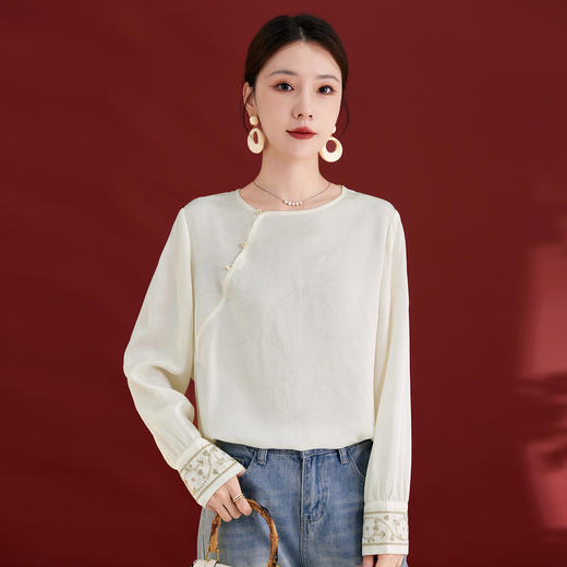 QS25秋季新款真丝丝绒国风袖口拼织带时尚衬衣对襟圆领长袖上衣2325 商品图2