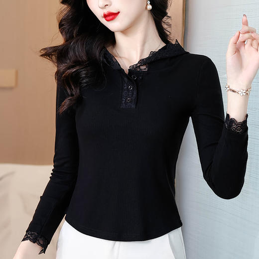 KQL 355H8166蕾丝拼接连帽长袖T恤洋气修身显瘦上衣 商品图0