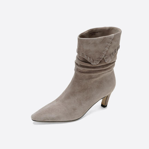 Westory2025年冬季羊皮小方头中跟堆褶中筒靴宽筒小短靴W25DS85601 商品图9