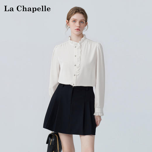 会员福利【顺滑/垂坠】拉夏贝尔/La Chapelle法式温柔甜美设计感小众木耳边门襟长袖衬衫女气质衬衣秋 商品图3