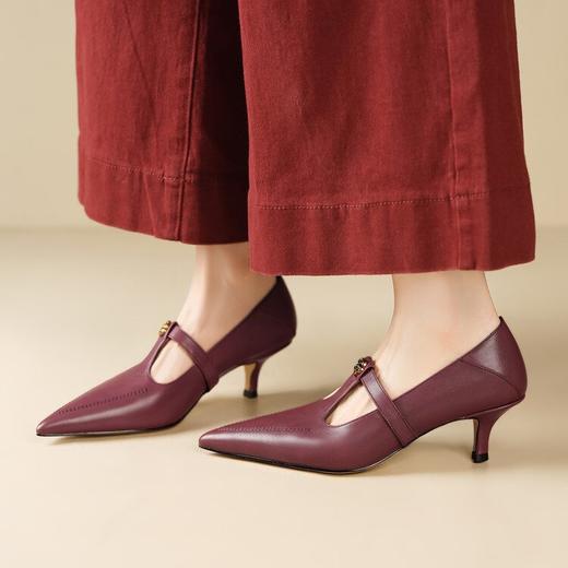 【预售5天】里外全皮！法式丁字带中口细跟单鞋女秋新款尖头显瘦小高跟鞋HY&M1211-1 商品图0