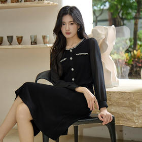 奢姿大码女装2025秋季胖妹妹时尚减龄水钻装饰气质圆领拼接连衣裙9953869911