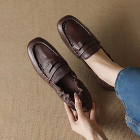 【预售5天】软皮方头单鞋女平跟鞋秋冬新款低帮乐福单鞋女小皮鞋XDDFG&D-3328F