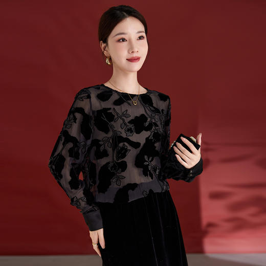 QS2025早秋新款烧花真丝丝绒休闲T恤女时尚轻奢显瘦圆领长袖1861 商品图1