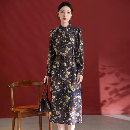 QS真丝连衣裙女100蚕丝长袖气质褶皱显瘦款印花中长款82501815 商品图3